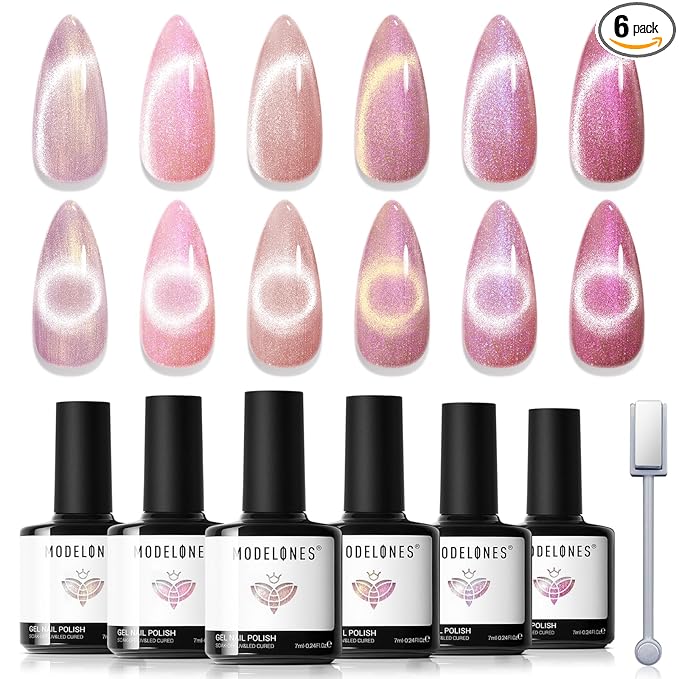 Modelones Cat Eye Gel Nail Polish Set, 6 Colors Summer Neutral Nude Pink Pearlescent Glassy 9D Cateye Glitter Gel Polish kit All Skin Tones with Magnet Soak Off LED Nail Art Starter Kit DIY Salon Gift