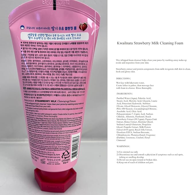 Kwailnara Strawberry Milk Facial Cleanser (4.06 Fl Oz) – Korean Face Wash for Vibrant & Lively Skin | Milk Protein, Royal Jelly & Brightening Strawberry Extract | Creamy Whipped Foam
