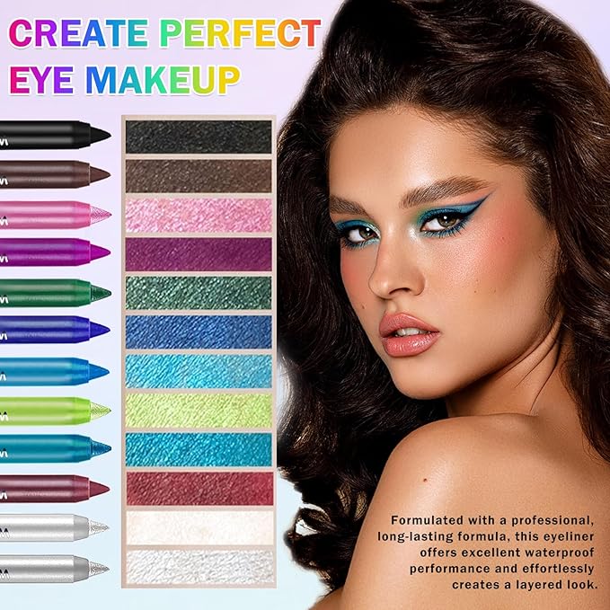 12PCS Colorful Eyeliner Pencils Set Black White Green Blue Brown Red Colored Gel Glitter Metallic Eyeliner Pencils Waterproof Long-Lasting Professional Eye Liner Makeup Kit