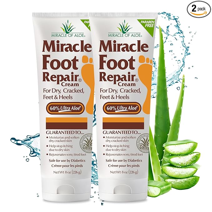 Miracle Foot Repair Cream (8 oz / 2-Pack) Repairs Dry Cracked Heels and Feet, 60% Pure UltraAloe Moisturizes, Softens, and Repairs