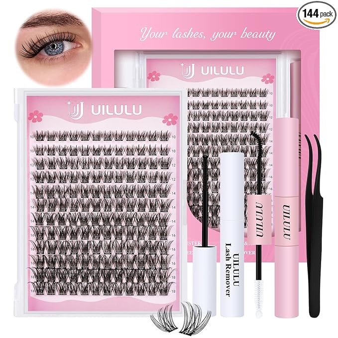 Uilulu Lash Clusters Kit for DIY Lash Extension at Home, False Eyelashes Set with Bond and Seal, Lash Remover, Tweezers, D Curl Wispy Individual Clusters Eye Lash Extensions Kit (U22 Kit)
