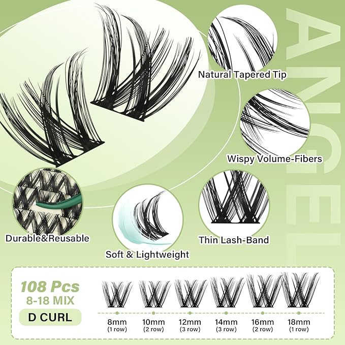 KEYYOU LASH clusters 144Pcs D Curl Angel Eyelash Extension Thick Wispy Natural Band Lash with Waterproof DIY Lash Extension at Home（Angel A01-D-8-18MIX）