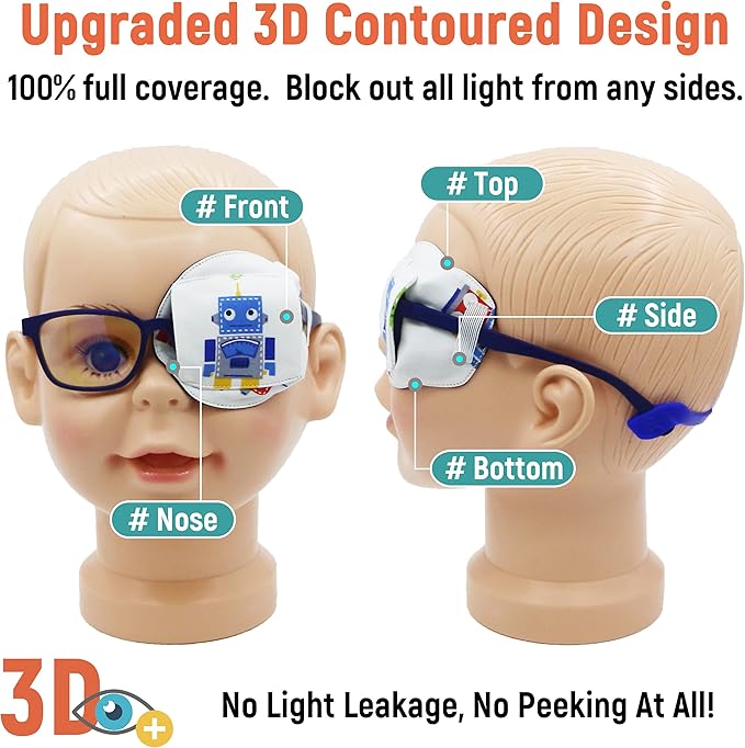 Astropic 3D Cotton & Silk Eye Patch for Kids | Boys Eye Patch for Glasses | Medical Eyepatch for Children with Lazy Eye (Blue Robot, Left Eye)