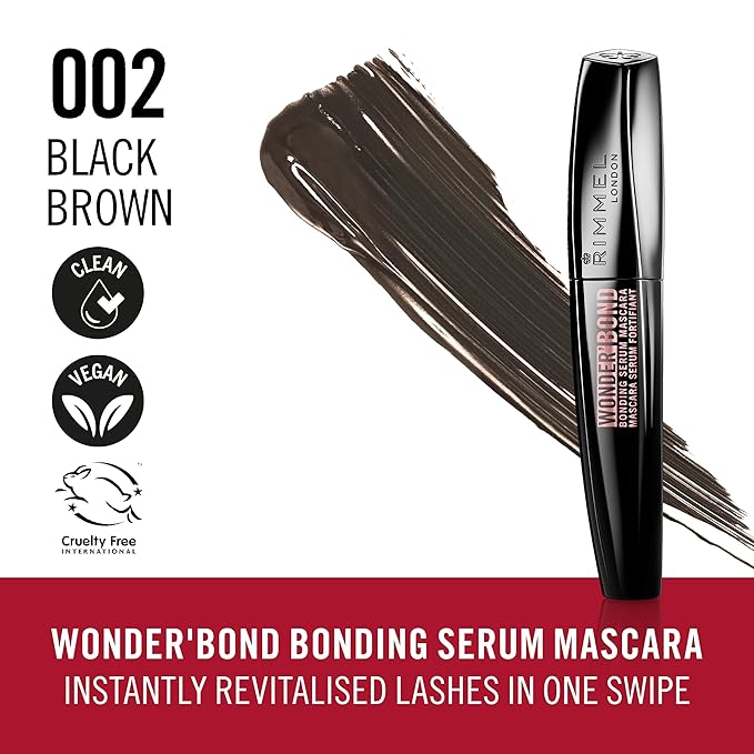 Rimmel Wonder'Bond, 002 Black Brown, Bonding Serum Mascara, Volumizing, Instantly Revitalized Lashes, With Biotin Bonding Complex, Smudge Proof, No Clumps, 0.39oz