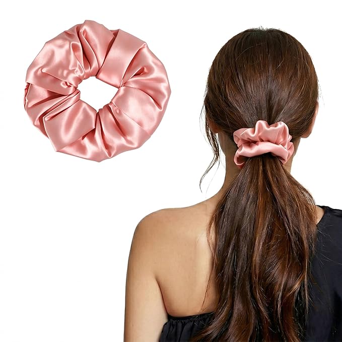 ZLYC 100% Mulberry Silk Hair Tie Scrunchie 19 Momme Gentle Creaseless Dent-Free Ponytail Holder for Women, 6cm Solid Peach Pink