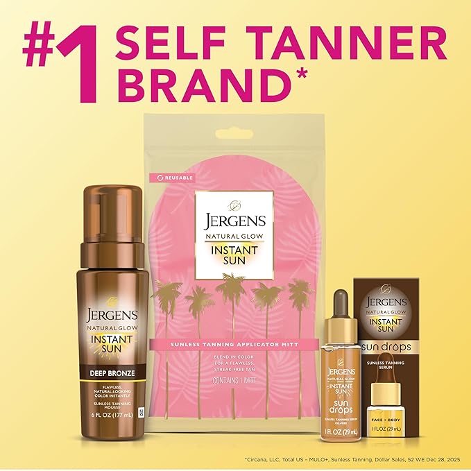 Jergens Natural Glow Instant Sun Body Mousse, Self Tanner for Deep Bronze Tan, Sunless Tanning Body Bronzer for Natural Looking Color Instantly, 6 Oz