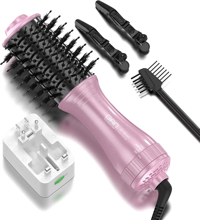 DAN Travel Hair Dryer Brush,Dual Voltage Hair Dryer Brush,Mini Blow Dryer Brush for Home and International Travel, (100V-240V) Auto Dual Voltage&Multi-Function Plug Adapter
