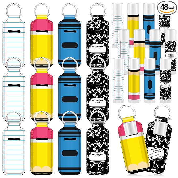 Loopeer 48 Pcs/24set Teacher Appreciation Lip Balm Gifts Bulk Pencil Themed Lip Balm and Lipstick Holder Keychians Teacher Team Thank You Gift for End of Year Graduation Back to School Party Favors
