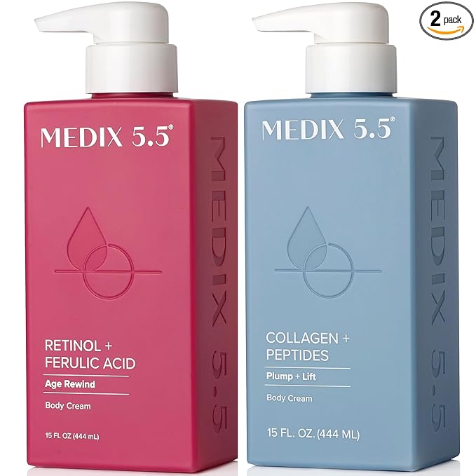 Medix 5.5 Retinol Cream + Collagen Cream Skincare Set Moisturizer Body & Face Lotion | Firming Body Lotion Set Reduces Look Of Sagging Skin, Cellulite, Sun Damage & Crepey Skin For Women, 2PC Bundle