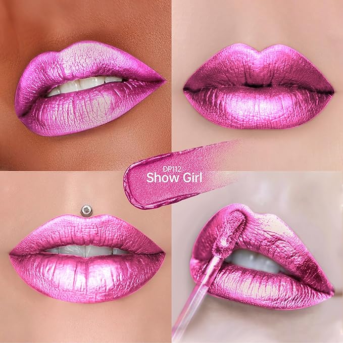 Depuplum Hot Pink Lipsticks for Women Metallic Lipstick Long Lasting Shimmer Lip Gloss Metal Shine Glitter Waterproof Lipsticks Full Coverage Lip Color for Mother's Day,DP112 Show Girl