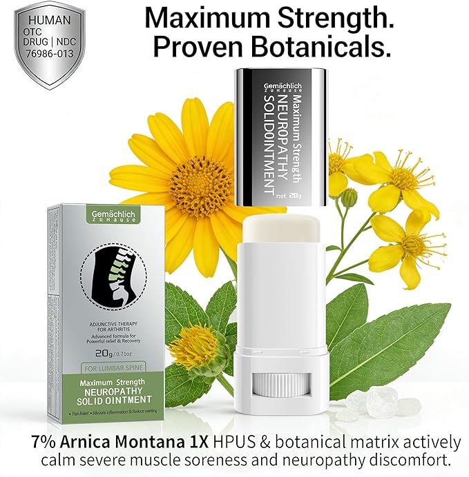 NDC Listed Lower Back Pain Relief Arnica Gel Stick cGMP Grade Care with Camphor and Hypericum Perforatum Oil for Lumbar Stiffness Neuropathy and Bruises 0.71oz