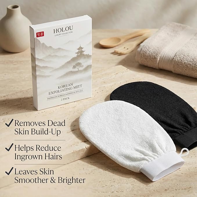 Korean Exfoliating Mitt & Exfoliating Glove 2 Pack – Dual Density Body Scrub Gloves & Dead Skin Remover for Body, Kessa Glove, Exfoliating Mitt for Body – Holou