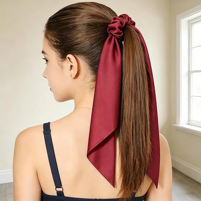 Pack of 2 Knotted Bow Hair Scrunchies Elastic Hair Scarf Hair Ties Bands Satin Hair Ribbon Scrunchy Red Ponytail Holder for Women and Girls, Hair Scarf Scrunchies, Hair Accessories (Burgundy)