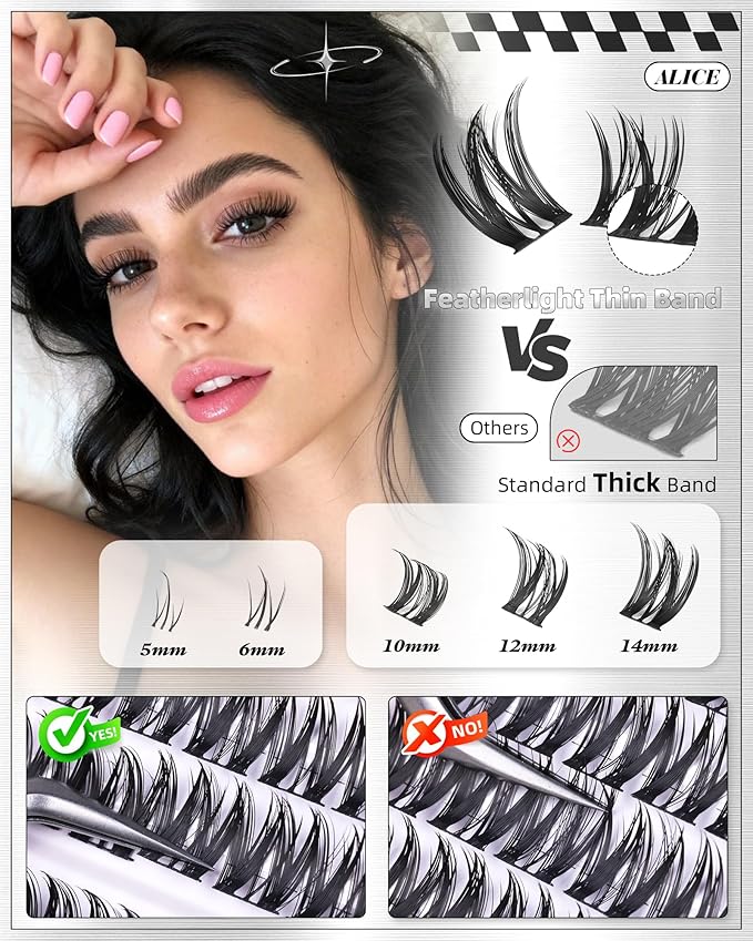 ALICE Flaunt Lash Clusters Natural Wispy Lash Extensions Short Volume 10-14mm Cluster Eyelash Extensions Thin Band Individual Lashes with Spiky Bottom Lashes