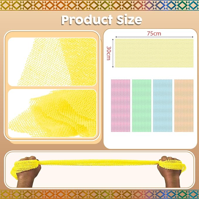 5 Pieces African Net Sponge – Deep Cleansing & Exfoliating Mesh for Glowing Skin – Stretchable, Quick-Dry Material for Daily Shower Use (Yellow, Pink, Green, Blue, Orange)