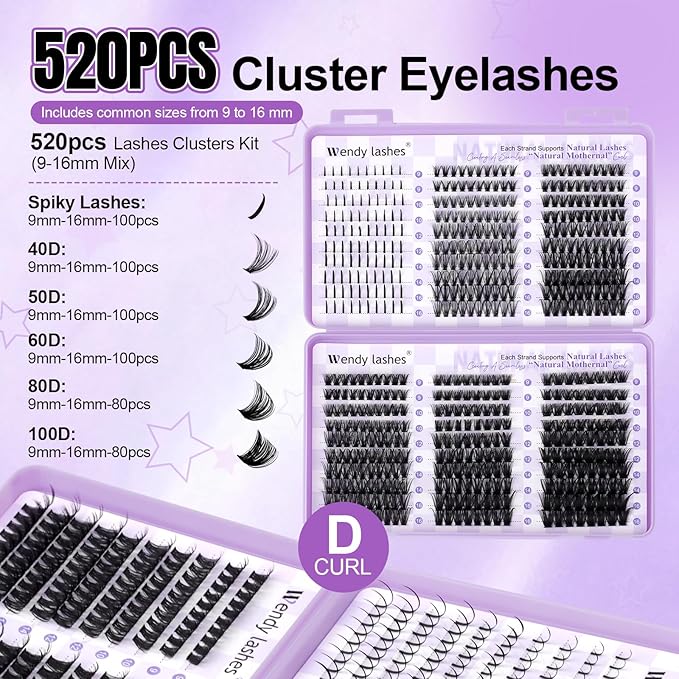 WENDY LASHES Clusters for Eyelash Extensions, 40D+50D+60D+80D+100D, 520PCS, 9-16mm Mixed, Ultra-light, Natural, Waterproof, DIY at Home, D Curl