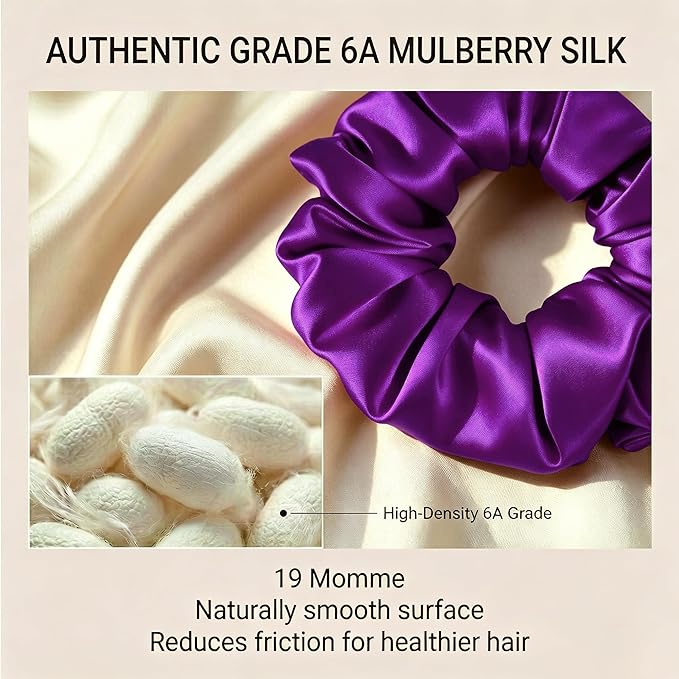 ZLYC 100% Mulberry Silk Scrunchie 19 Momme Gentle Creaseless Hair Tie for Women Dent-Free Ponytail Holder, 3.5cm Solid Purple