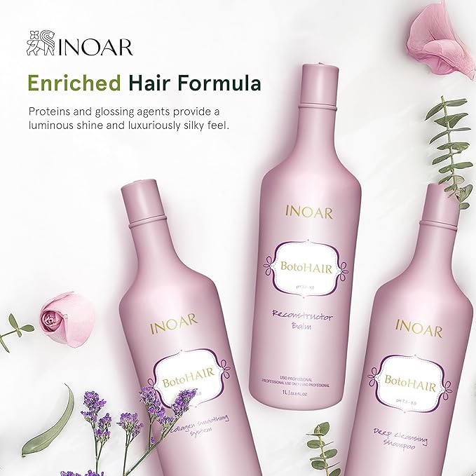 Inoar BotoHair Collagen Smoothing System with Keratin, Deep Cleansing Shampoo, Collagen Smoothing System & Reconstructor Balm, 33.8 fl oz Each