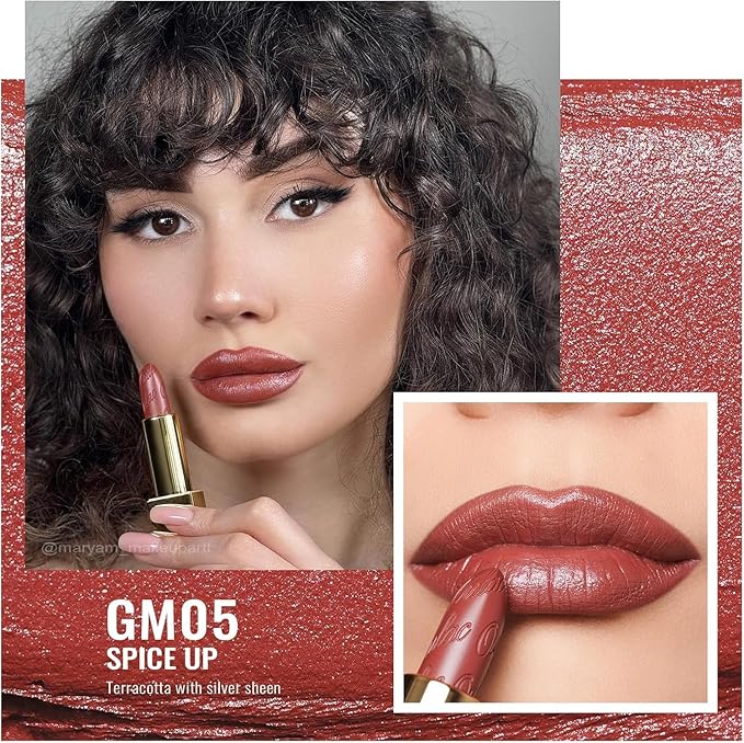 Oulac Matte Terracotta Lipstick with Glow Metallic Finish - Vegan Lipstick for Women, Creamy Texture, Hydrating Clean Beauty Formula, High-End Magnetic Hook Design, GM05 Spice up