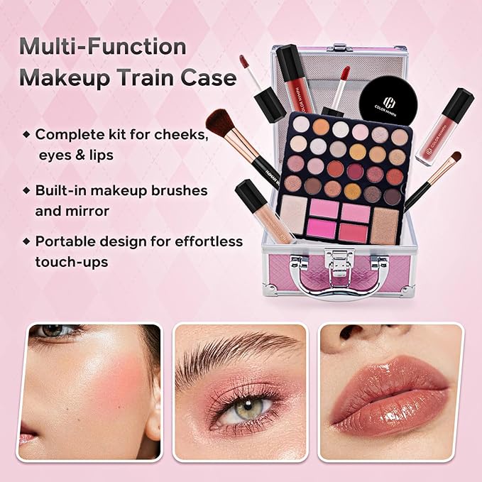 Color Nymph Beginner Makeup Kit For Teens With The Small Cosmetic Train Case Included 24-Colors Eyeshadow Palette Blushes Bronzer Highlighter Lipstick Brushes Mirror(Pink)