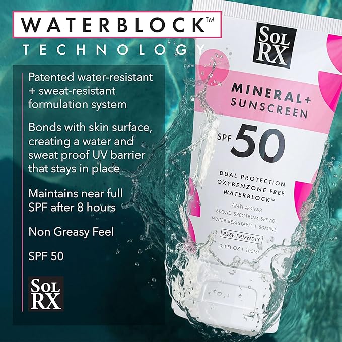 SolRX MINERAL+ SPF 50 Mineral Sunscreen with Zinc Oxide – Reef Safe, Broad Spectrum UVA/UVB Protection, Water Resistant Sunblock for Face & Body