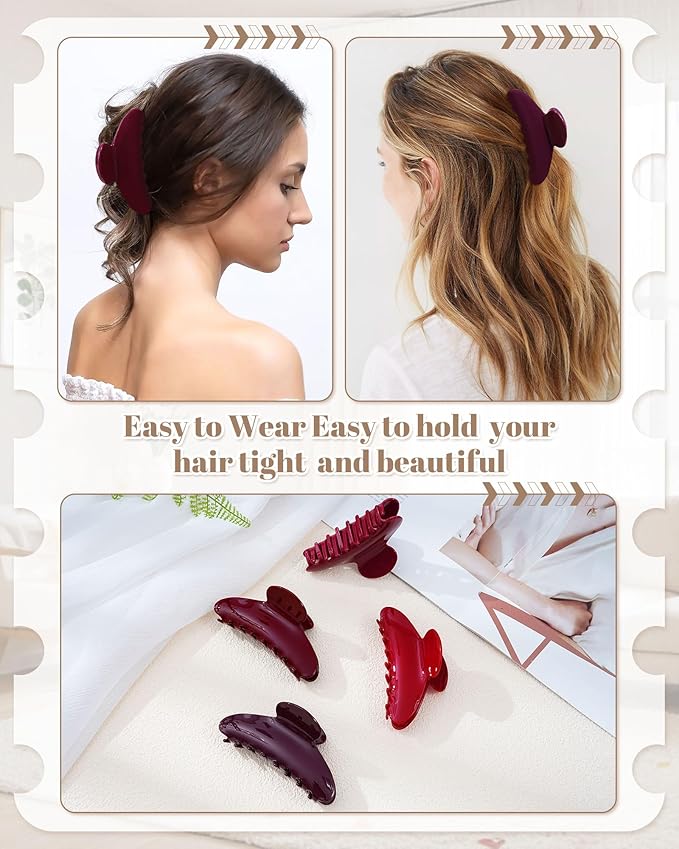 Mesovor 4 pack Acrylic Hair Clips Claws, Nonslip 4.1" Large Hair Grip Hairclips for Thin and Thick | French Banana Barrettes Hair Strong Hold Hair Jaw Clamps (Red, Cherry Red)