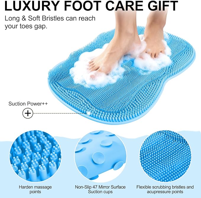 Bath Shower Foot Scrubber Mat - Silicone Shower Foot Scrubber Mat (XL) Cleaner Foot Toes Clean Pad Without Bending Non-Slip Suction Cups Bathroom mat 17.2 * 13 inch - Blue