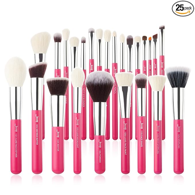 Jessup Brand 25pcs Professional Makeup Brush Set Beauty Cosmetic Foundation Powder Blusher Eye Shadow Blending Concealer Highlight Natural-Synthetic Hair Brushes Set (Rose Carmine/Silver)