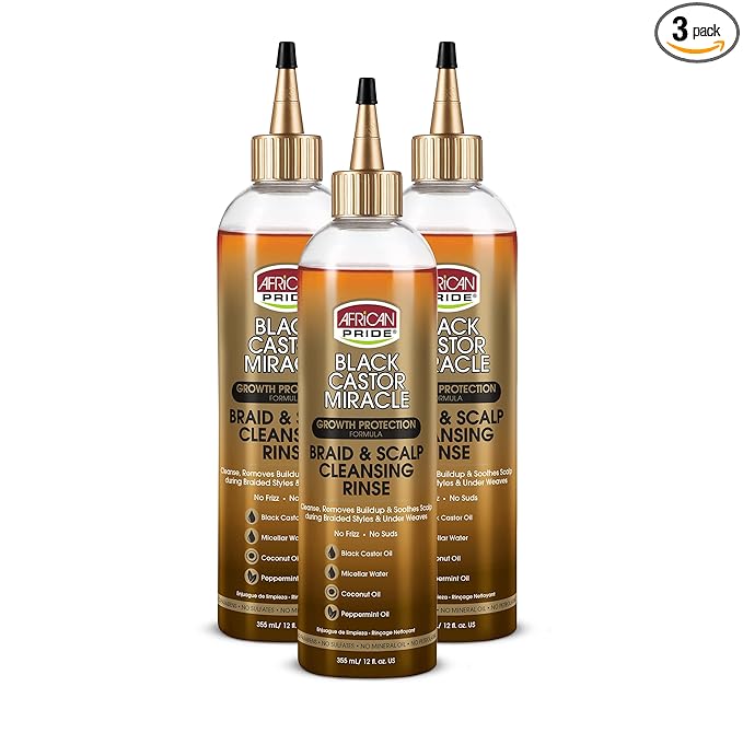 African Pride Black Castor Miracle Braid & Scalp Cleansing Rinse - Removes Build Up & Soothes Scalp, No Frizz, Contains Black Castor Oil, Micellar Water, Coconut Oil, Peppermint Oil, 12 oz (3 Pack)