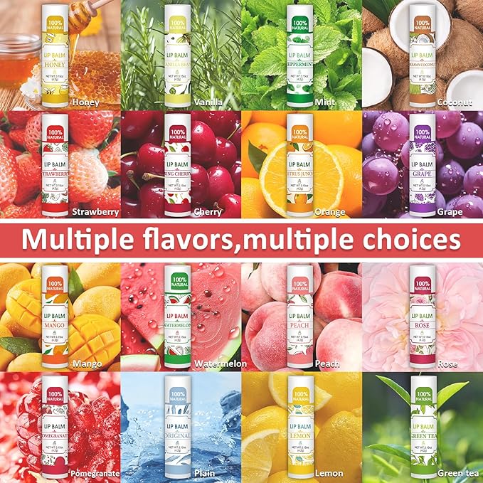 VISRIE 16 Pack Lip Balm, Natural Lip Balm Bulk with Vitamin E and Coconut Oil, Bulk Moisturizing Lip Balms for Dry Lips-16 Flavors