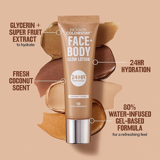Revlon ColorStay Face & Body Glow Lotion, Hydrating Glow Moisturizer, 24HR Hydration, Illuminating Luminizing Shimmer, 120 It's Giving Sun