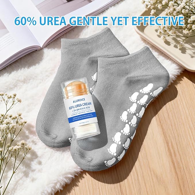 Silicone Moisturizing Socks with 60% Urea Cream- 2 in 1 Gel Socks & Urea Foot Cream for Dry Feet, Foot Care Moisturizing Socks for Dry Cracked Feet Women