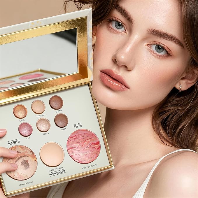 All in One Baked Makeup Face Palette, Includes 6 Eyeshadows, Bronzer, Blush, and Highlighter, Blush and Bronzer Palette, Shimmer & Matte Shades, Long-Lasting Pigmented Powder, Full Size Makeup Set