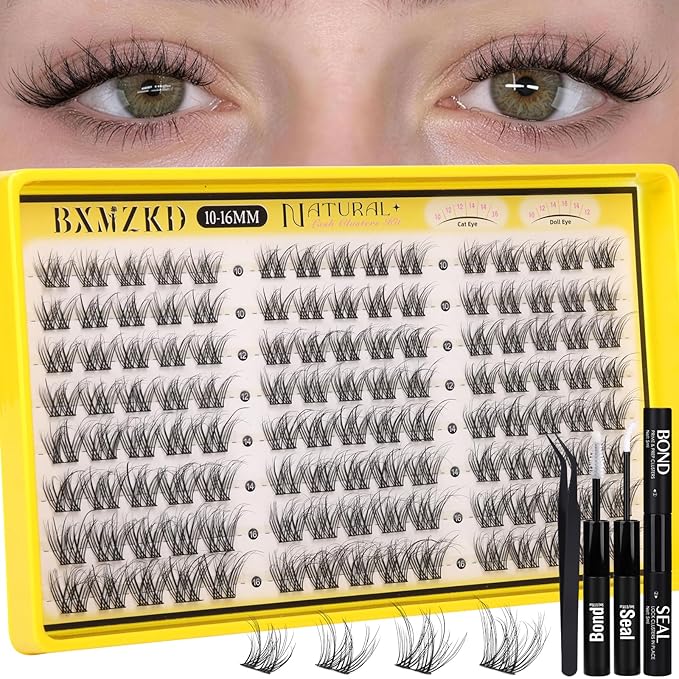 Lash Clusters Kit Natural Eyelash Clusters Kit with Cotton Band 10-16mm C Curly Wispy Cluster Eyelash Extensions Natural Fluffy Cluster Lashes for Beginners with Bond & Seal and Tweezers