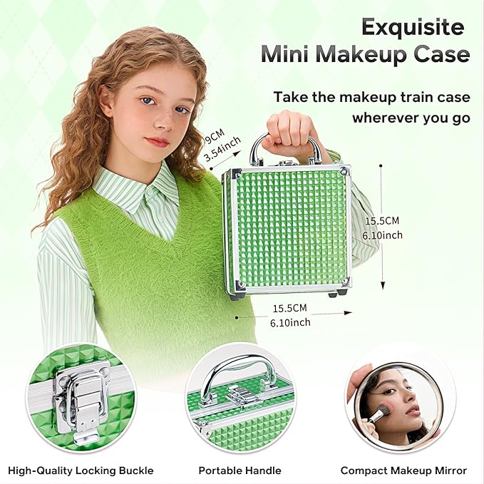 Color Nymph Beginner Makeup Kit For Teens With The Small Cosmetic Train Case Included 24-Colors Eyeshadow Palette Blushes Bronzer Highlighter Lipstick Brushes Mirror(Green)
