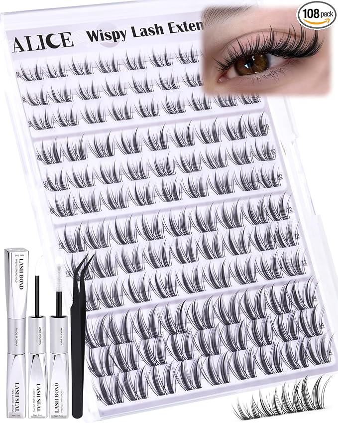 ALICE Anime Lash Clusters Kit Natural Wispy Cluster Eyelash Extension Kit Manga Eyelash Clusters Kit 8mm-14mm Invisible Band Individual Lashes with Bond and Seal DIY at Home