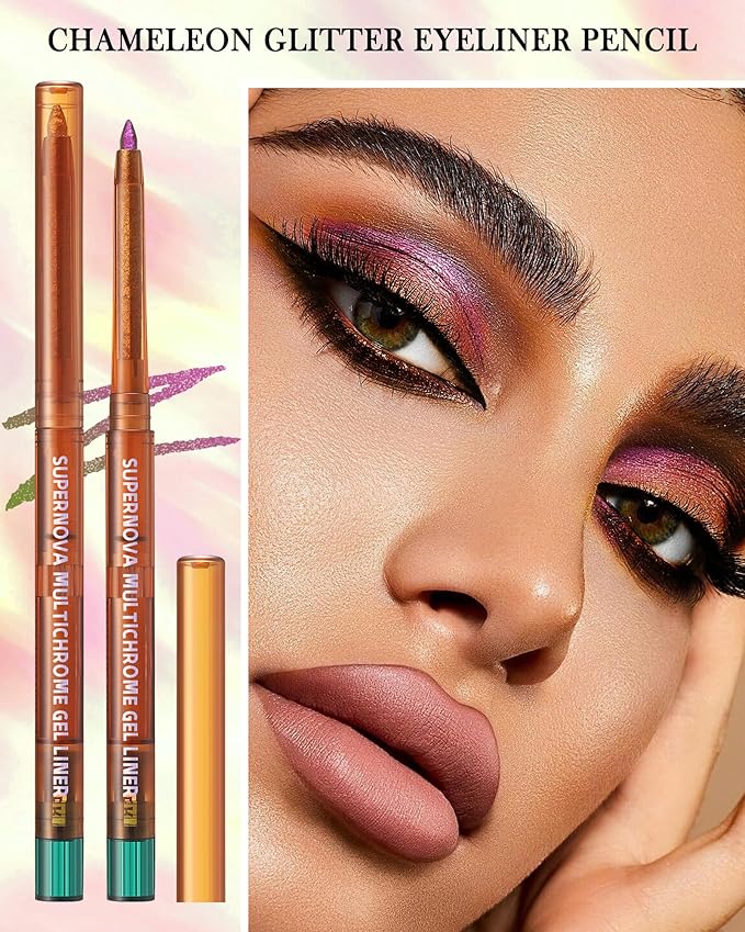 Chameleon Gel Eyeliner Pencil-1pcs Pink Gold Metallic High Pigmented Glitter Eye Liner Pen,Long Lasting Waterproof,Color Changing Shimmer Eyeshadow Pencil, Christmas Makeup Gift for Women Girl-03