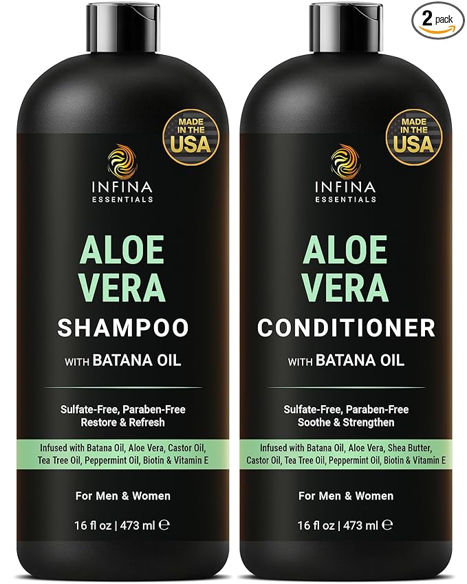 INFINA ESSENTIALS Aloe Vera Shampoo and Conditioner Set | 16 fl oz Each | with Batana Oil | Hydrating, Soothing & Moisture Balance Formula | Nourishing Care for Dry, Itchy or Sensitive Scalp