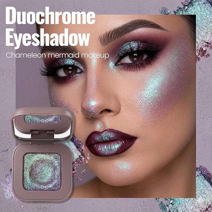 Erinde Plum Mauve Green Blue Duochrome Glitter Eyeshadow Palette, Holographic Chameleon Shimmer Metallic Eye Shadow, Rich Color, Color Shift Sparkle Iridescent Eye Brightener Fairy Makeup for Rave, 02