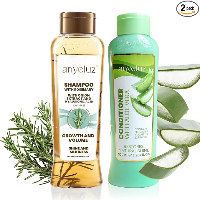 ANYELUZ Rosemary Shampoo and Aloe Conditioner Set, Volume and Hydration for your Hair, with Hyaluronic, Argan Oil and Rosemary, Moisturizes and Enhances Shine