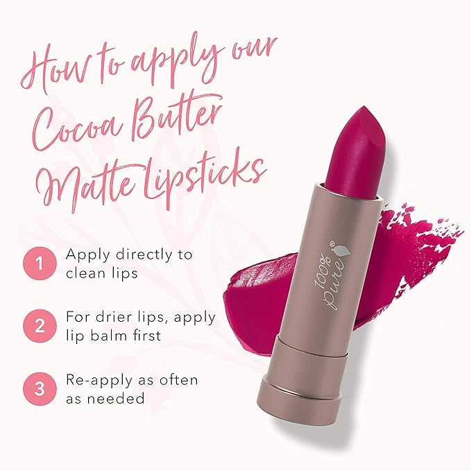 100% PURE Cocoa Butter Matte Lipstick Full Stay All Day Coverage, Lasting Moisturizing & Softening Natural Lip Color for All Skin Tones, Vegan Fruit Pigmented Marrakesh (Vibrant Fuchsia) - 0.15 oz