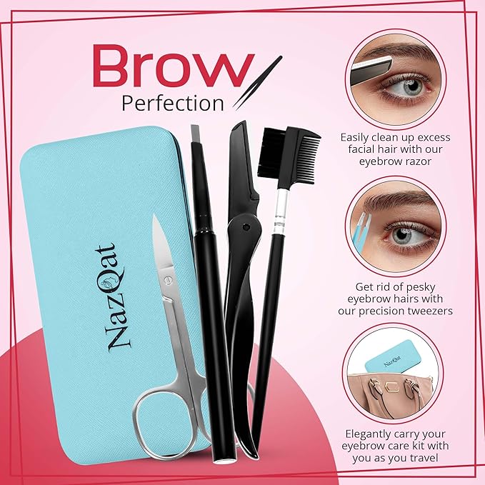 Exquisite 8-in-1 Eyebrow Kit for Women & Men – Luxury Eyebrow Grooming Kit with 4 Precision Tweezers For Eyebrows, Eyebrow Razor, Eyebrow Scissors, Eyebrow Brush/Comb & Pencil with Padded Case