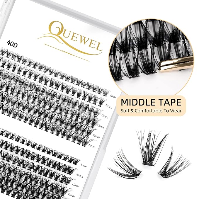 QUEWEL Lash Clusters 240Pcs Individual Lashes 40D+50D D Curl 8-14mm Length DIY Lash Extension Soft False Eyelashes Wispy Cluster Lashes Easy to Create Natural Look At Home(40D+50D-D-MIX8-14)