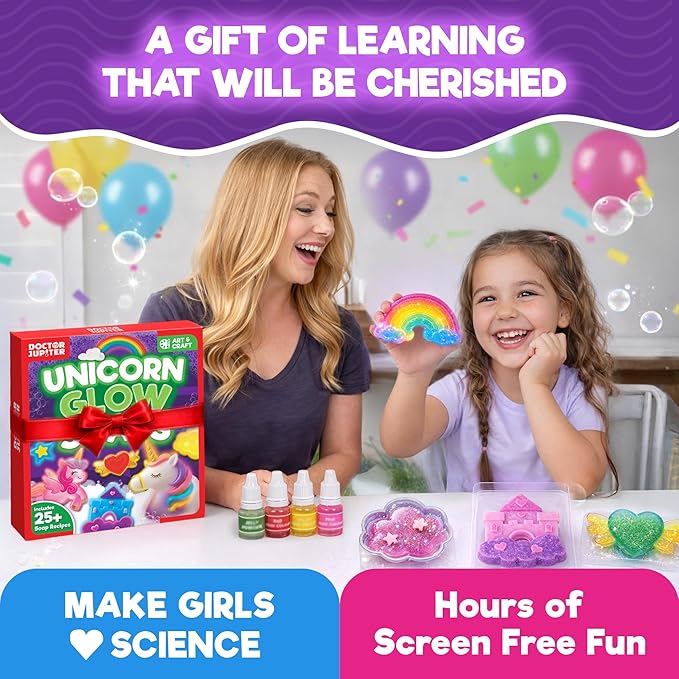 Doctor Jupiter Unicorn Glow Soap Making Kit for Kids, Unicorn Toys for Girls Ages 4-5-6-7-8 | Crafts for Girls, Birthday Gift Ideas for 4+ Year olds | 25+ Soap Recipes