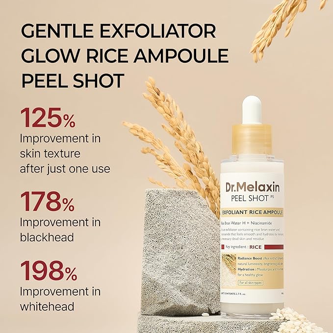 Dr.Melaxin Peel Shot Glow White Rice Peeling Ampoule with Rice Extract & AHA BHA, Brightening & Gentle Exfoliating Serum for Sebum Control, Niacinamide & Hyaluronic Acid, Korean Skincare, 2.71 fl.oz