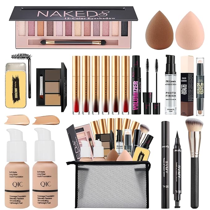 All in One Makeup Kit for Women Full Kit,Travel Make Up Gift Set for Women Teens Girls, Includes Eyeshadow,Foundation,Lipstick,Mascara,Brush,Sponge,Brow Powder & Soap,Eyeliner,Primer,Contour,Bag