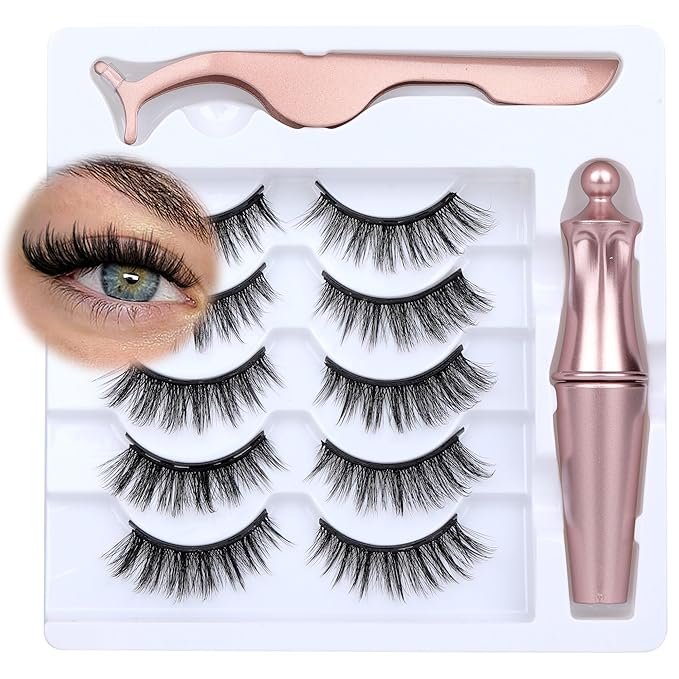 Newcally Magnetic Eyelashes with Eyeliner Kit Reusable Wispy Lashes Natural Look Magnetic Lashes Kit C-curly No Glue Needed 5 Pairs False Lashes with Magnetic Eyeliner & Tweezers