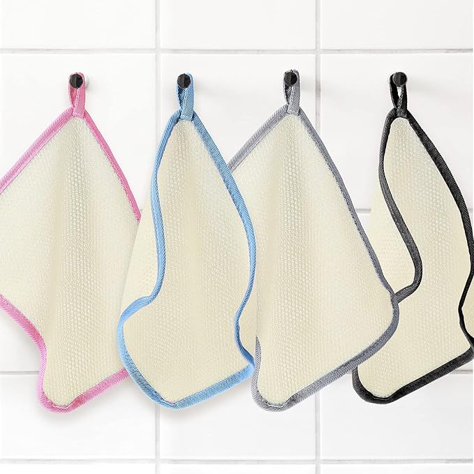 Tatuo 5 Pcs Exfoliating Face and Body Wash Cloths Towel Weave Bath Exfoliating Scrub Massage Bath Cloth for Women and Men, 10.23 x 8.66 Inch(White, Pink, Blue, Gray, Black Edge)