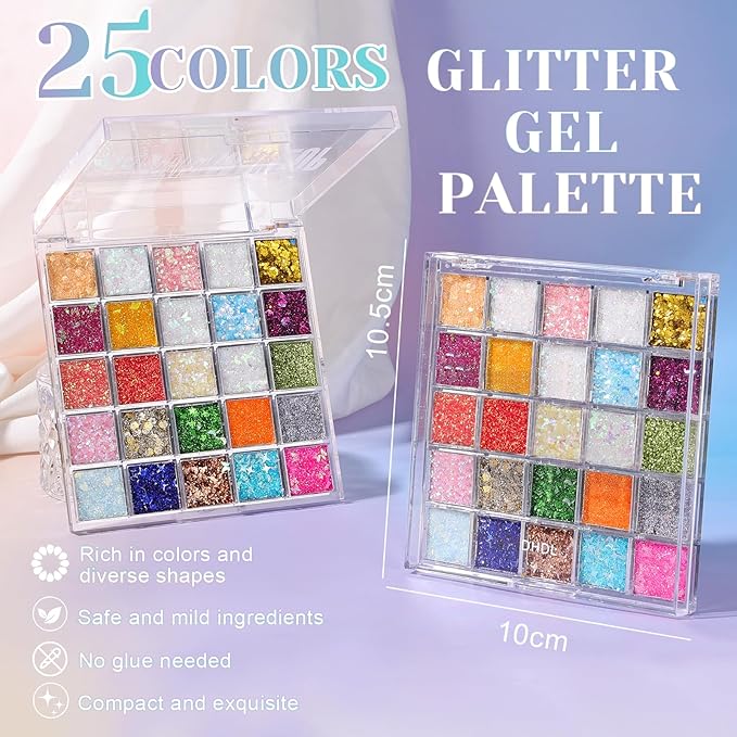 DAGEDA 25 Colors Body Glitter Palette, Face Hair Glitter Gel Holographic Chunky Sequins, Glitters Eyeshadow Body Shimmer Makeup for Rave Outfits Mermaid Accessories