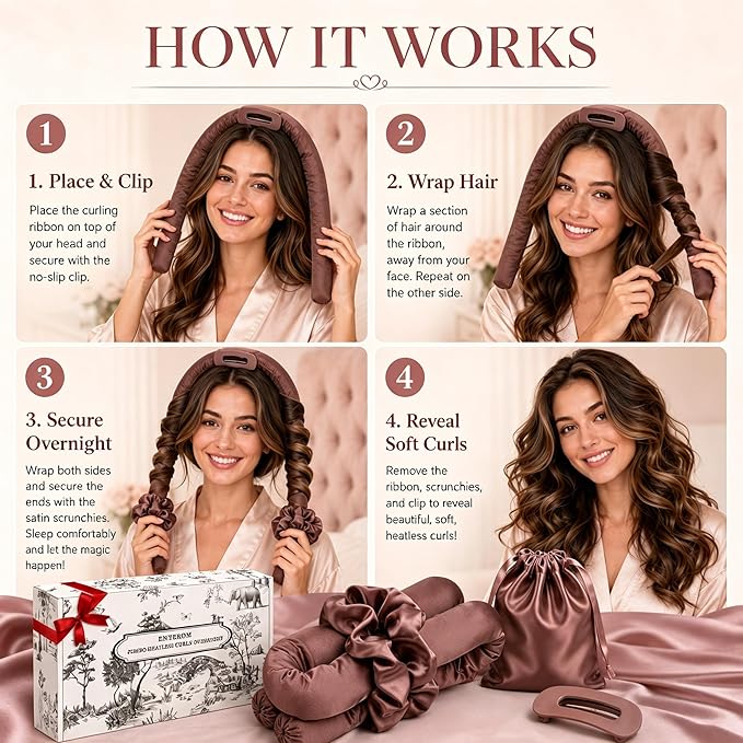 EnteromMuse Jumbo Heatless Curls Overnight Heatless Hair Curler Oversized Heatless Curling Rod, No Heat Damage Hair Curler for Voluminous Curls, Rollers & Curls Set with Satin Fabric(Brown, Jumbo)